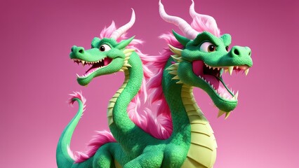 Obraz premium A vibrant, cartoonish two-headed dragon with pink accents against a pink background.