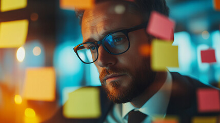 Businessman strategizes his next move and plans a project with sticky notes on a glass wall in an office at night
