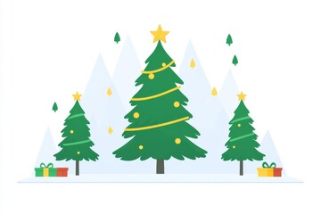 Fototapeta premium Two Christmas trees adorned with stars and presents beneath them set in a snowy landscape symbolizing traditional holiday decor family celebrations and festive winter joy