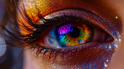 Macro close-up of a woman's eye with a rainbow-colored iris and long eyelashes.