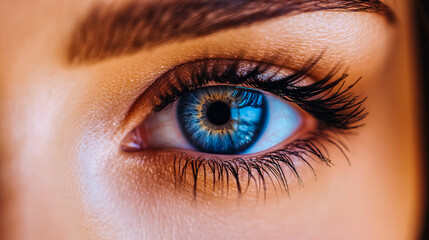 Obraz premium Macro close-up of a woman's eye with a rainbow-colored iris and long eyelashes.