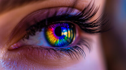 Fototapeta premium Macro close-up of a woman's eye with a rainbow-colored iris and long eyelashes.