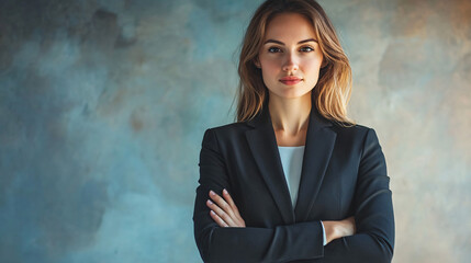 Confident and professional businesswoman stands with arms folded