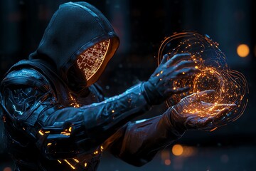 Cyber-mage casting spells through holographic code, hacking into virtual realms with glowing, magical runes and data streams swirling around their hands