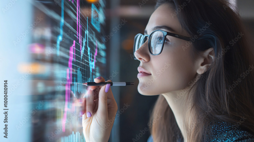 Poster businesswoman with glasses analyzing financial data on a see-through interactive display