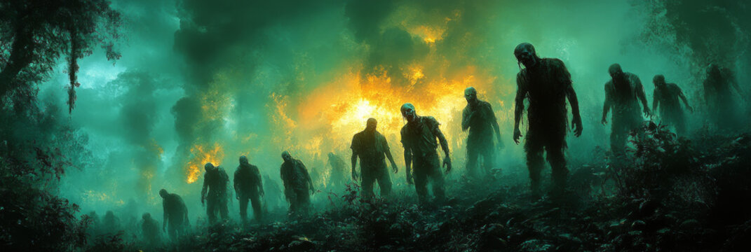 A horde of zombies emerge from a foggy forest, lit by an eerie orange glow.