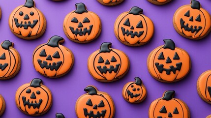 A pattern of pumpkin-shaped gingerbread cookies