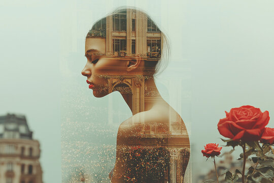 Surreal digital artwork depicting a young woman with double exposure of architecture and roses, symbolizing metaphysics