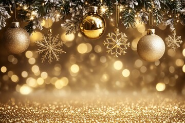 Elegant golden ornaments and snowflakes hanging from a pine branch with soft glowing lights in the background representing festive warmth traditional holiday decor and winter beauty