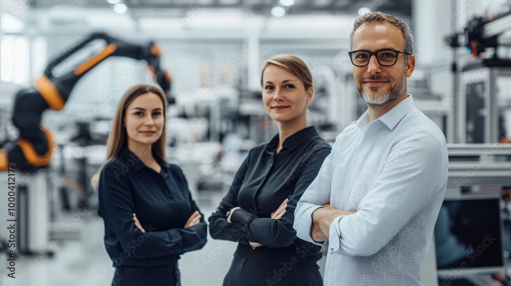 Poster Three engineers are smiling with crossed arms in a modern industrial factory with robotic arms