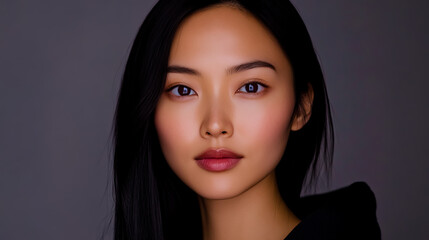 Photo of a 28-year-old Asian female with almond eyes and long black hair, styled in a sleek, natural look with no makeup.