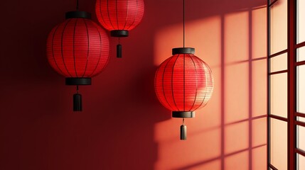 Obraz premium Red Chinese Lanterns hanging against a red wall with sunlight streaming through a traditional window
