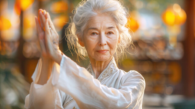 Senior woman practicing tai chi in a tranquil garden