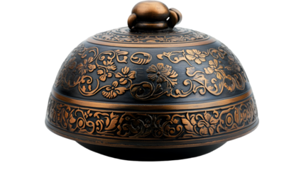  A black and gold bell featuring intricate designs, showcasing elegance and craftsmanship in its detailed patterns.