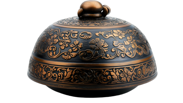  A black and gold bell featuring intricate designs, showcasing elegance and craftsmanship in its detailed patterns.