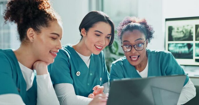 Nurse, team and women with laptop for discussion in boardroom with explaining medical research and surgery planning. Medicine, professional and group with healthcare brainstorming for student exam