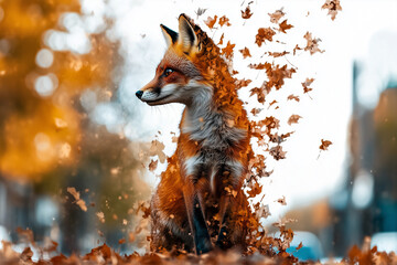 Surreal artwork of a fox surrounded by autumn leaves, showcasing a dynamic and magical scene