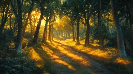Obraz premium Sunlit Path Through a Dense Forest