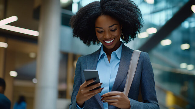 Businesswoman is walking in a modern office lobby and smiling at her smartphone