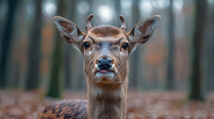 A deer with brown and white fur is standing in a forest. The deer has a black nose and is looking directly at the camera