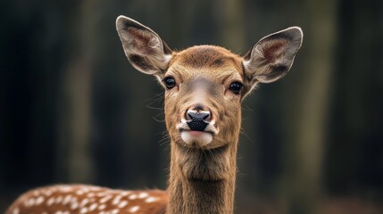 A deer with white spots on its face is staring at the camera. The image has a moody and mysterious feel to it, as the deer's gaze seems to be focused on something beyond the frame