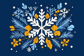 Bold blue and white snowflake with intricate orange leaves evoking modern holiday design festive winter elegance and nature inspired seasonal beauty