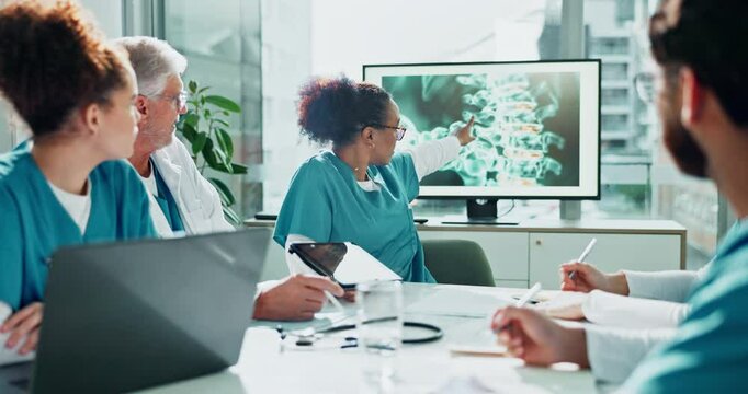 Medical team, tech and presentation in hospital for research, osteoporosis study and healthcare development. Woman speaker, tablet and pointing at xray for innovation, surgical planning and diagnosis