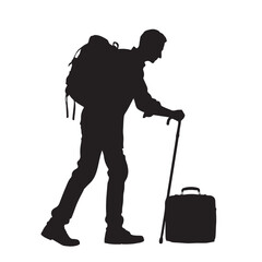 Silhouette of a man leaning on a walking cane vector on a white background