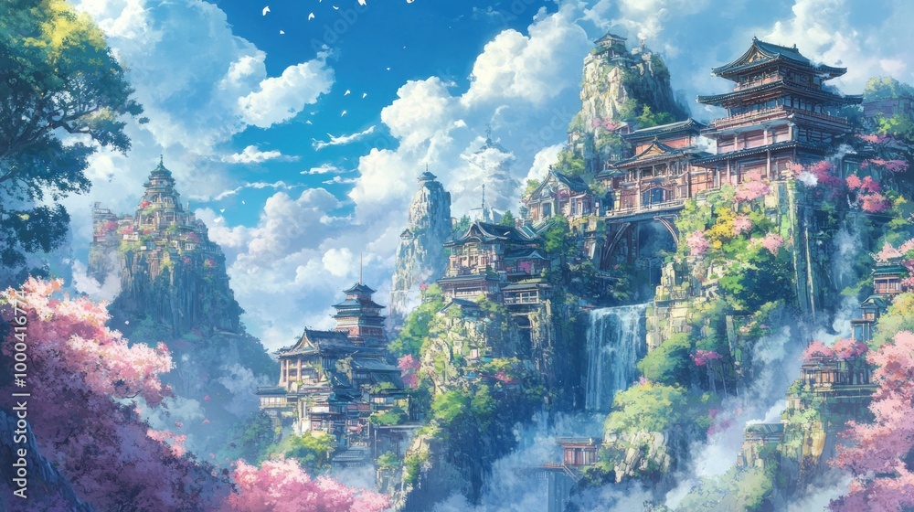 Wall mural An Asian-Inspired City Built Into Mountain Cliffs with a Waterfall