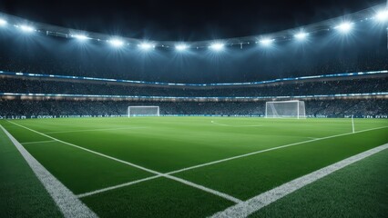 Fototapeta premium A well-lit football stadium with a vibrant green pitch and two goalposts.
