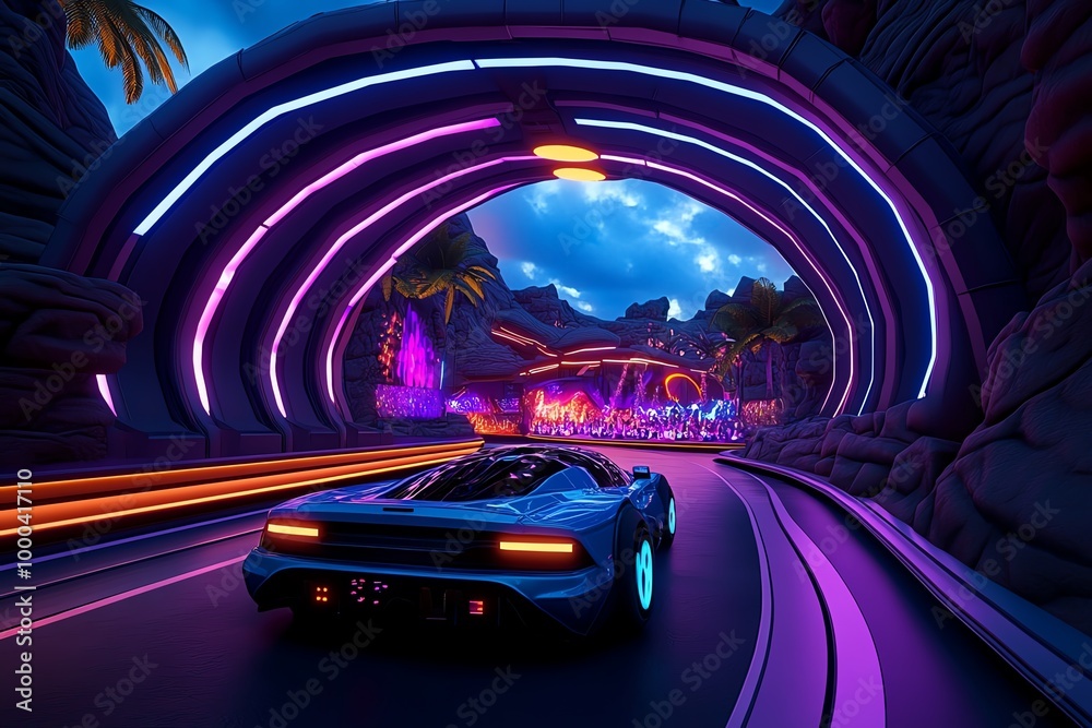 Poster digital 3d rendering of a futuristic music festival, where virtual stages, performers, and interacti