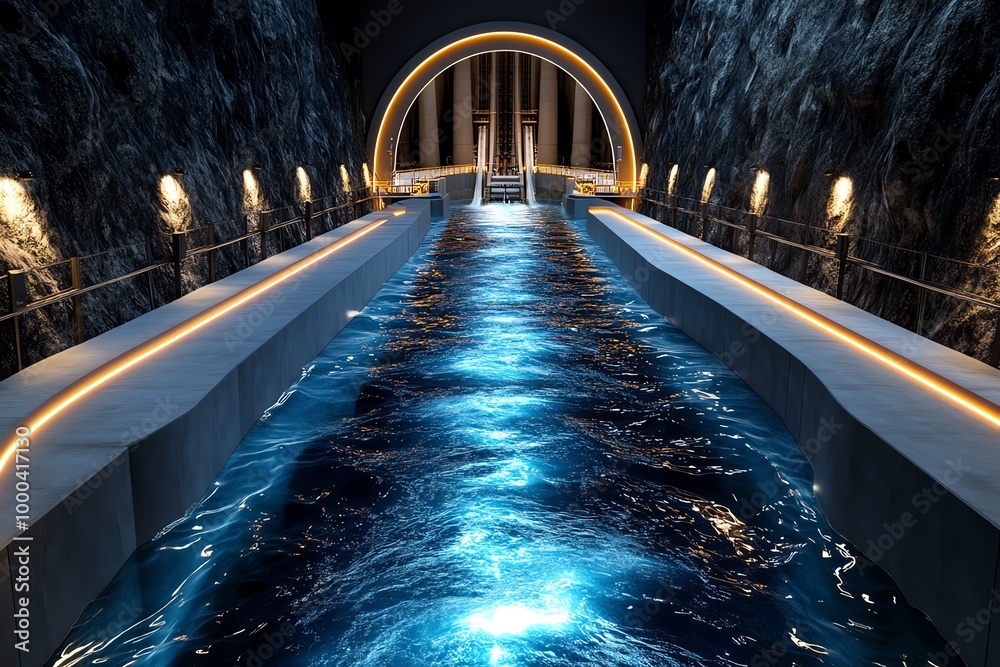 Poster digital 3d rendering of a hydroelectric dam, where users can explore the inner workings, from water 