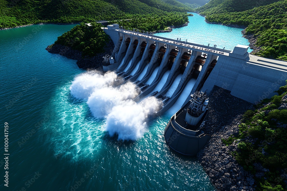 Poster digital 3d rendering of a hydroelectric dam, where users can explore the inner workings, from water 