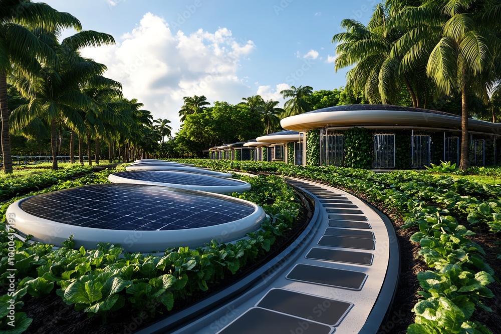 Poster Digital 3D rendering of a sustainable farm, where users can explore different eco-friendly farming methods like solar-powered irrigation and vertical farming