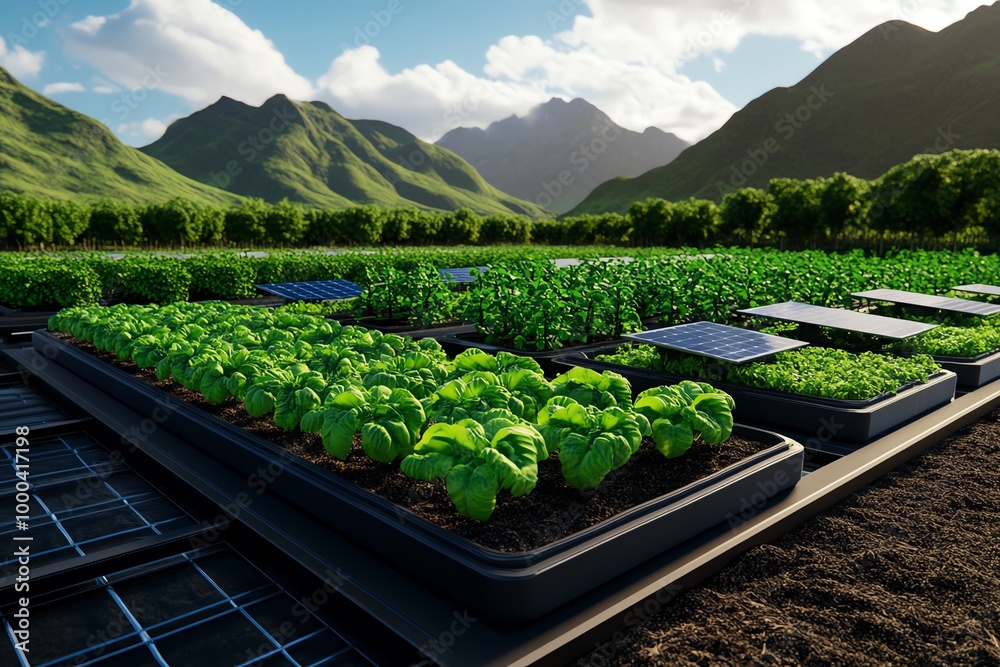 Poster Digital 3D rendering of a sustainable farm, where users can explore different eco-friendly farming methods like solar-powered irrigation and vertical farming