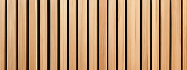 Naklejka premium Wall made of wooden panels. Vertical wooden slats for facade cladding. Timber stripes made of beige pine. A modern plank surface for interior and exterior design. 