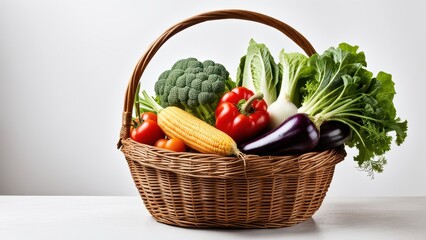 A wicker basket filled with fresh vegetables, showcasing a variety of colors and textures.
