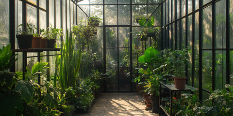 Sunlit greenhouse filled with a variety of plants