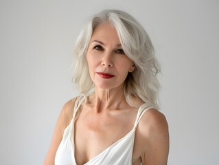 Portrait of mature beautiful woman with blonde hairstyle on white background