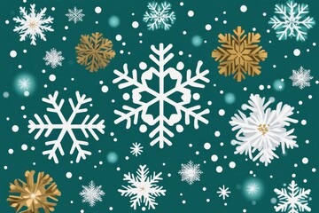 White and gold snowflakes arranged on a green background symbolizing peaceful holiday decor elegant winter beauty and joyful seasonal celebration