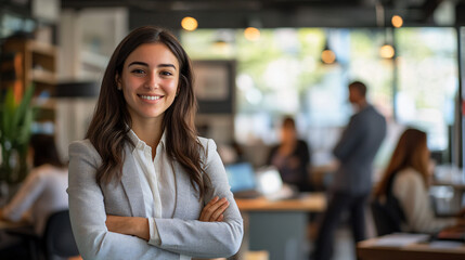 Businesswoman is smiling with her arms crossed while her team works in the background