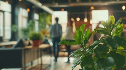 A close-up of a vibrant green plant in a well-lit, modern office space. In the blurred background, two individuals are seen walking through the open-plan workspace, adding a sense of activity and
