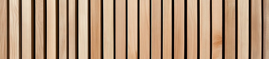 Fototapeta premium Wall made of wooden panels. Vertical wooden slats for facade cladding. Timber stripes made of beige pine. A modern plank surface for interior and exterior design. 