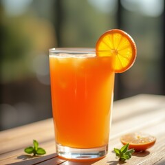 Fototapeta premium Fresh carrot juice in a clear glass with a whole carrot beside it, showcasing a vibrant orange color against a white background, perfect for a healthy and refreshing beverage