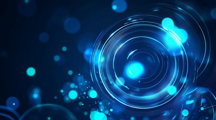 Abstract blue glowing rings with bokeh lights on dark blue background.