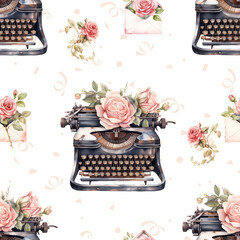 Watercolor seamless pattern of vintage retro old typewriter with roses around envelopes on white pink pastel background.