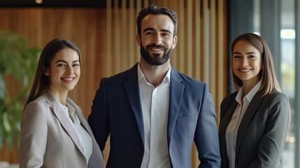 Group of confident young professionals in business attire stand together in a modern office, demonstrating teamwork and collaboration