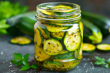 Pickled zucchini, briefly fried and seasoned courgette slices marinated in olive oil with herbs, spices and seasoning, food magazine recipe