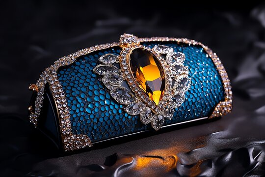 Elegant evening clutch with sparkling crystals, placed on a dark, textured surface, creating a glamorous, luxury accessory for formal occasions
