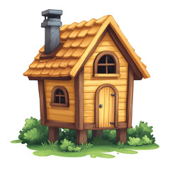 Colorful wooden house with a chimney and lush greenery. transparent background